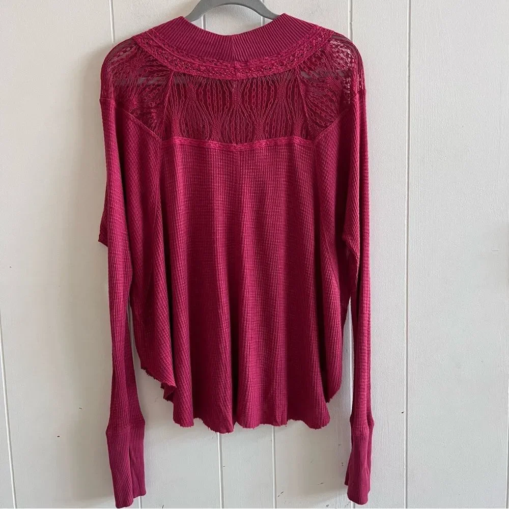 Free People Waffle Knit Thermal Top With Lace Trim